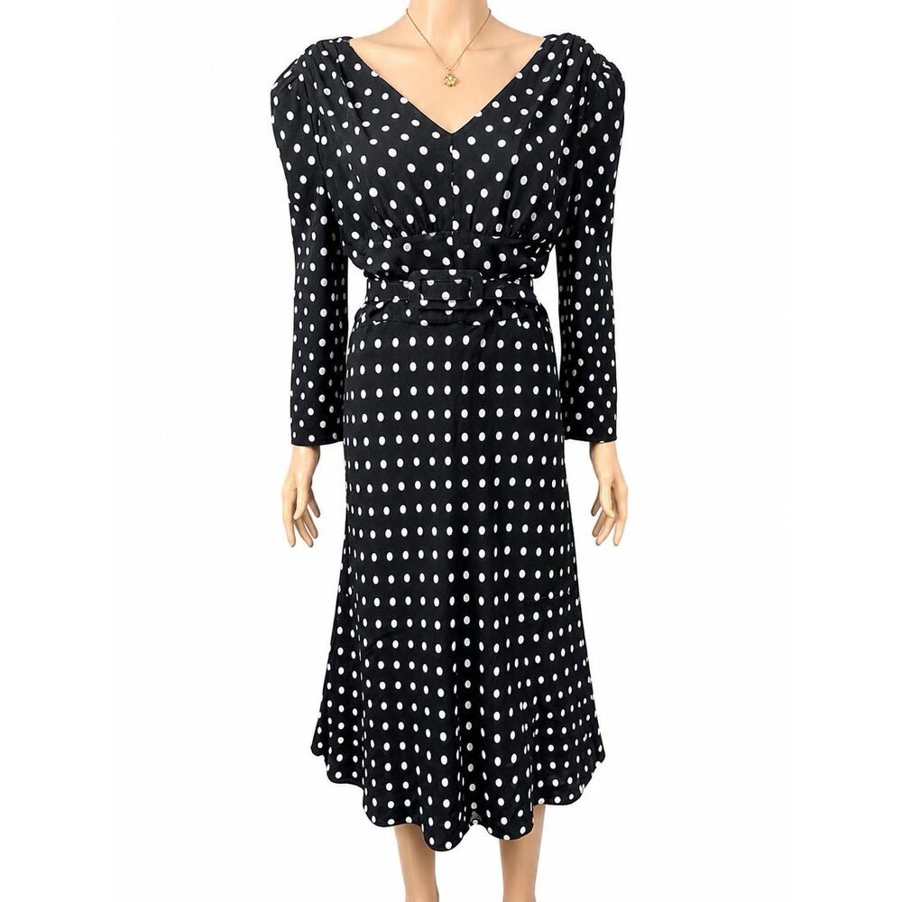 MICHAEL KORS COLLECTION Size 10 Black White Polka Dot Belted Viscose Dress
